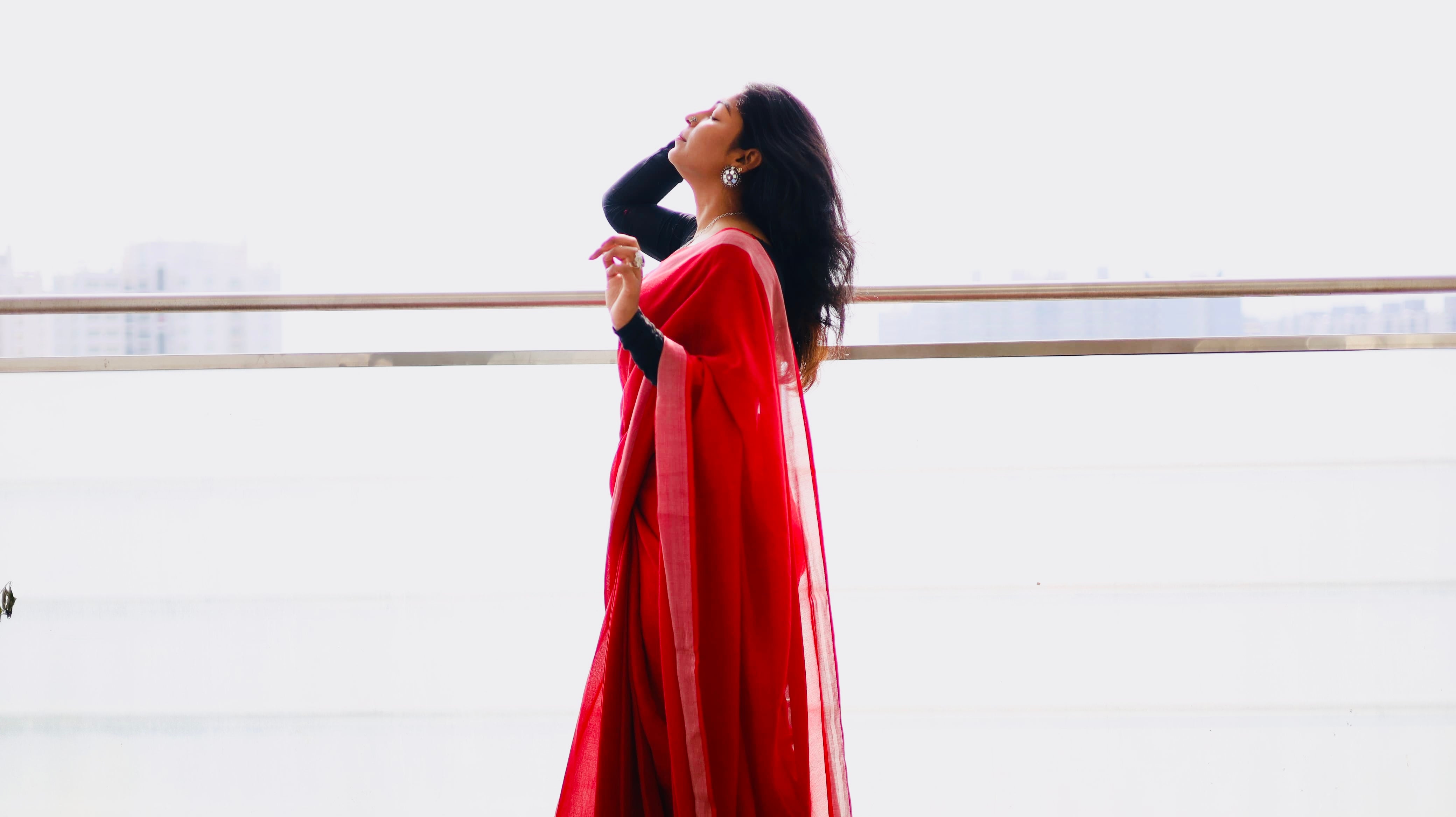 Red-Color Pure Lenin Chinon Saree with Unstitched Blouse