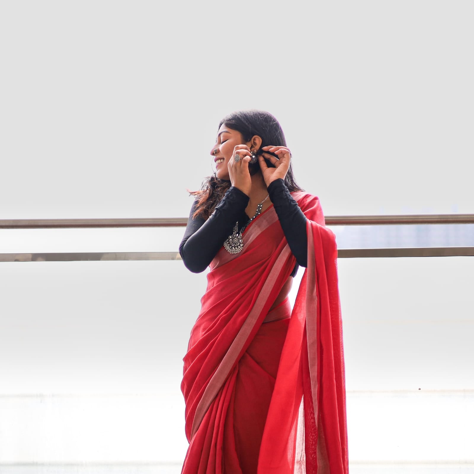 Red-Color Pure Lenin Chinon Saree with Unstitched Blouse