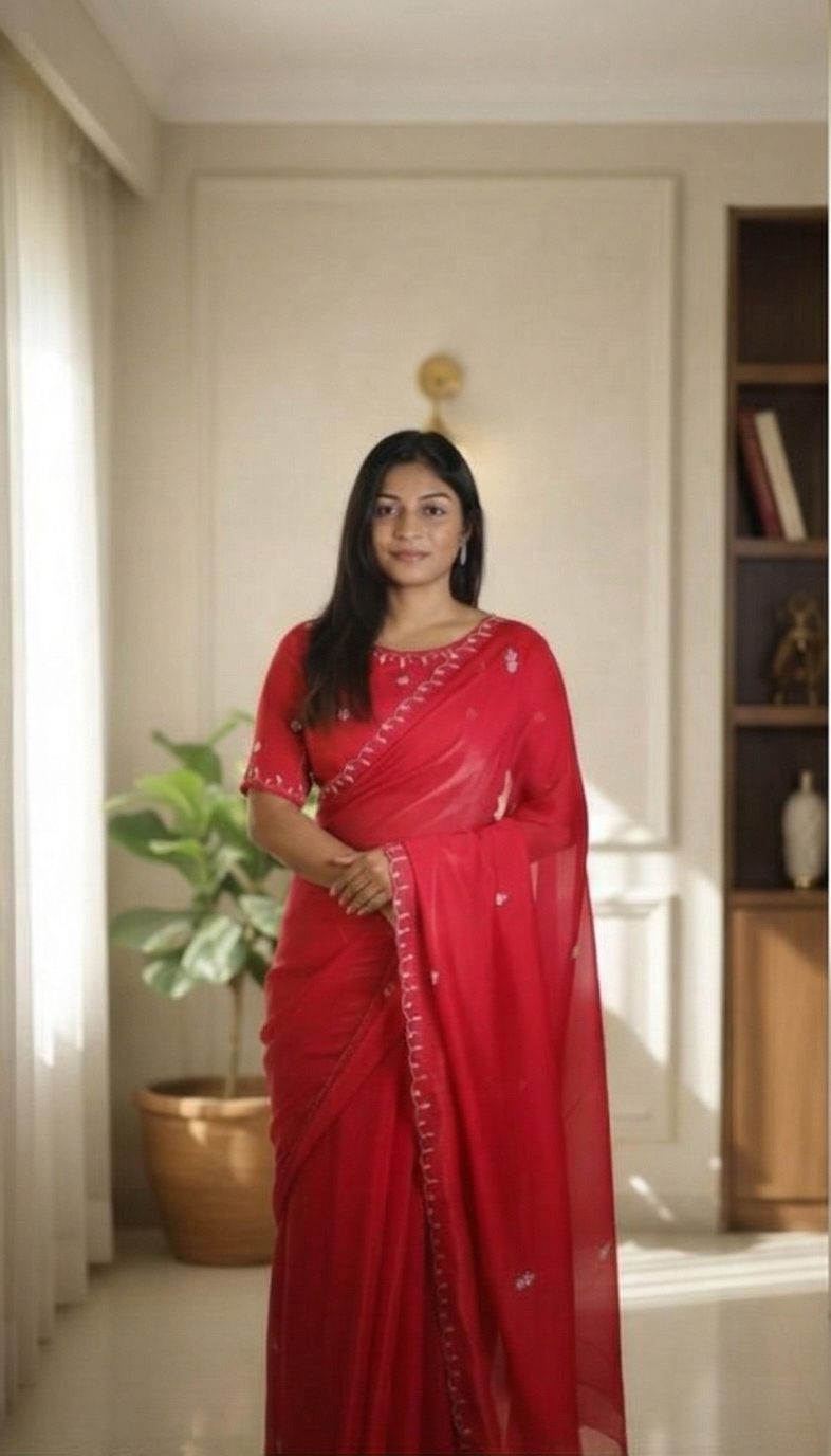 Elegant Red Block-Print Saree