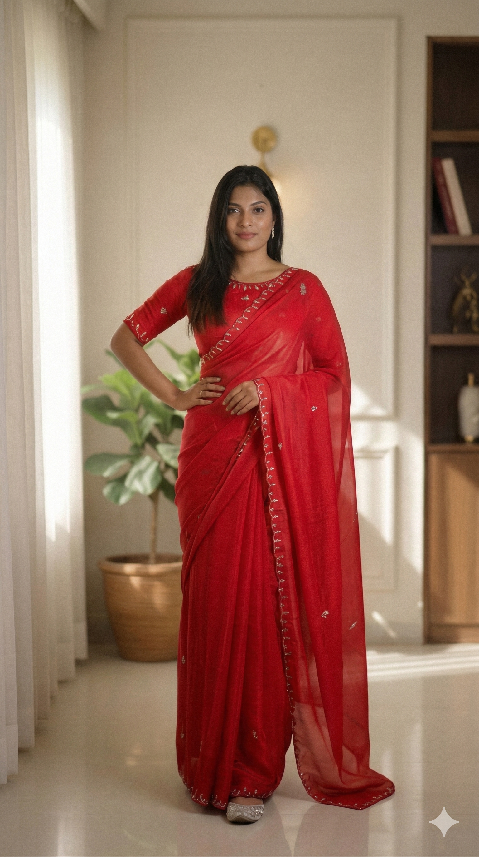 Elegant Red Block-Print Saree