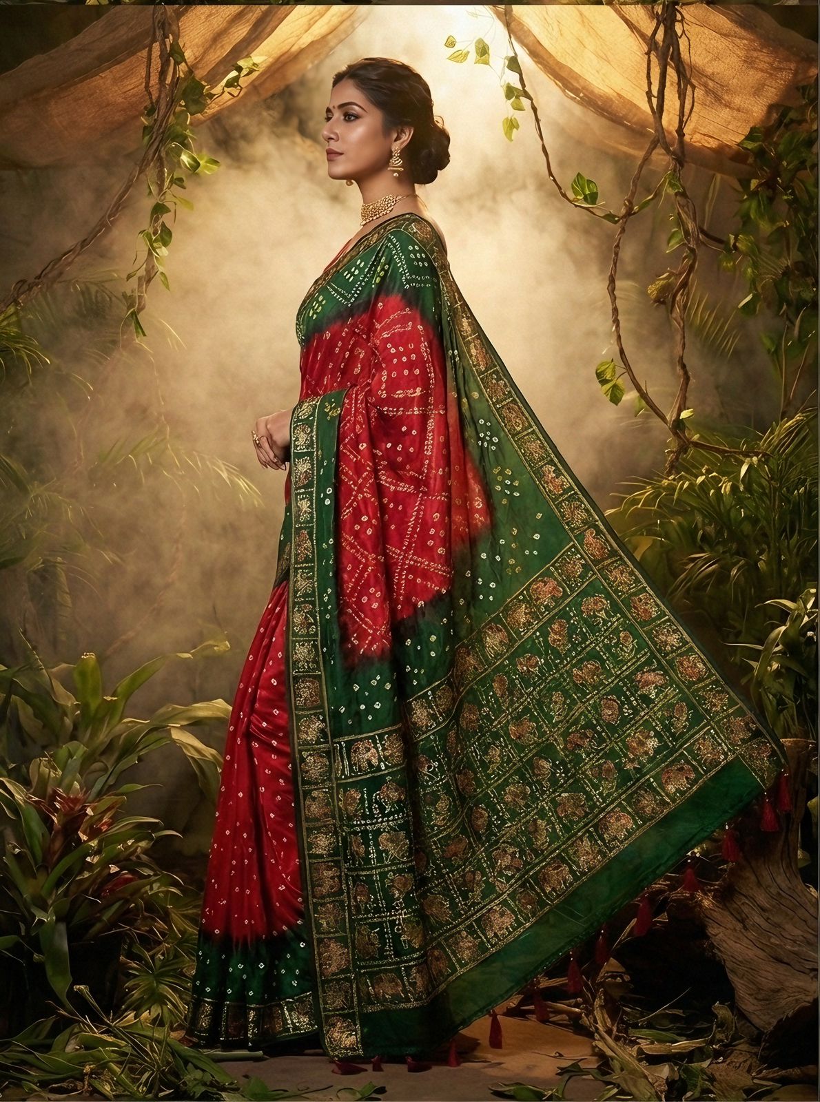 Emerald & Ruby Bandhani Silk Saree