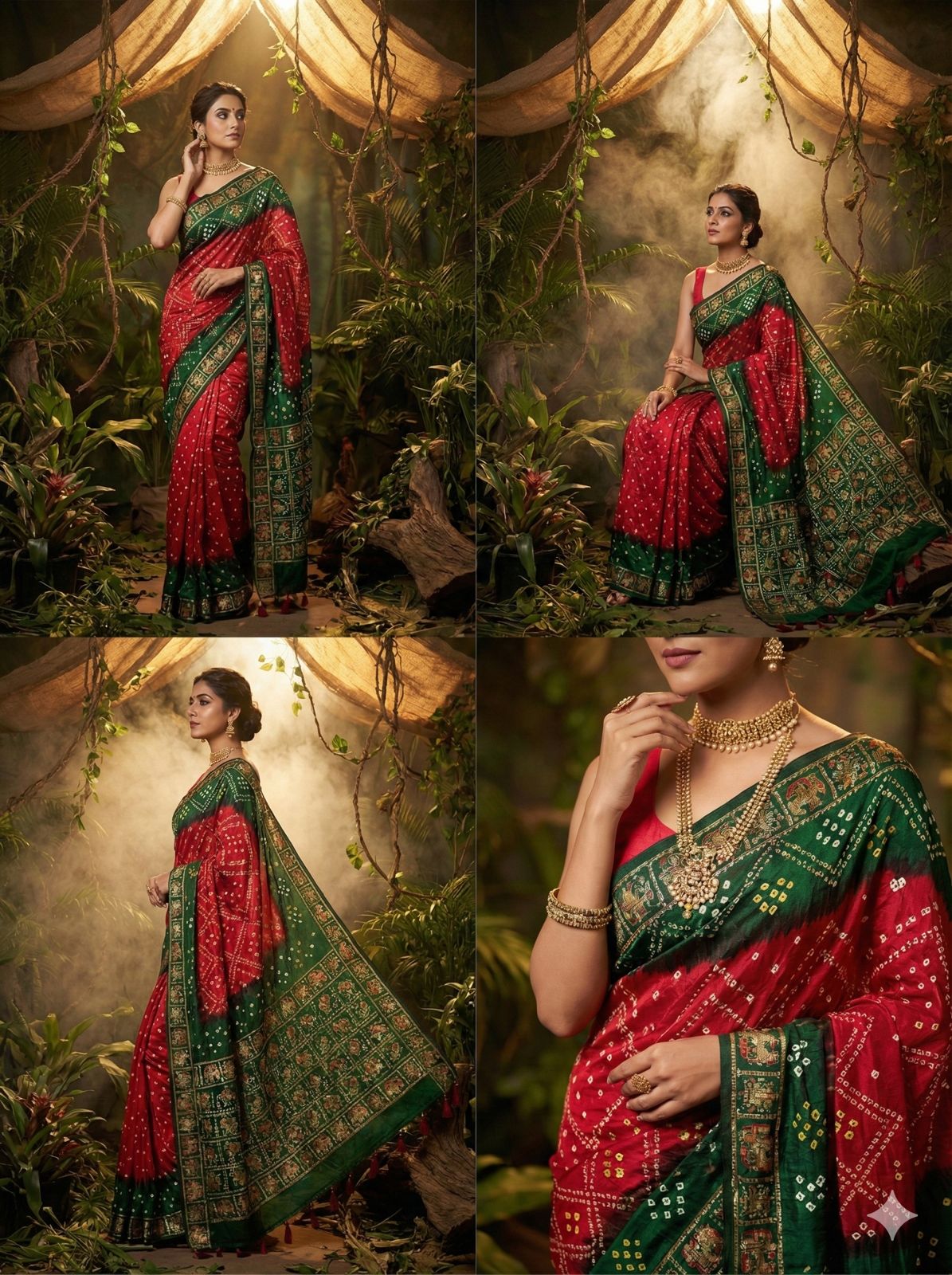 Emerald & Ruby Bandhani Silk Saree
