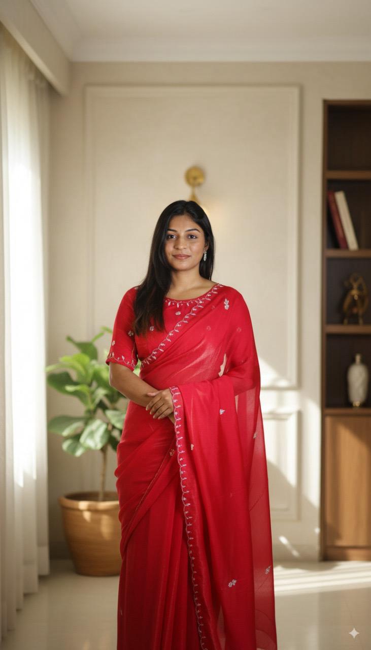 Elegant Red Block-Print Saree