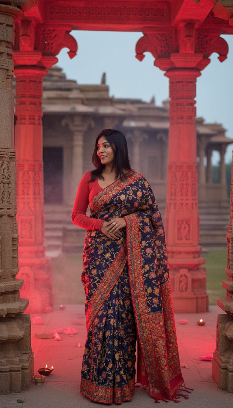 Heritage Dark Floral Saree & Long Sleeve Blouse