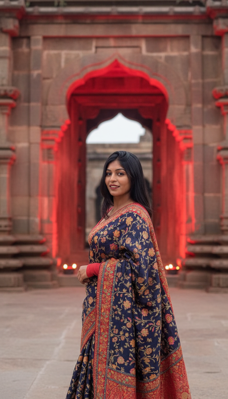 Heritage Dark Floral Saree & Long Sleeve Blouse